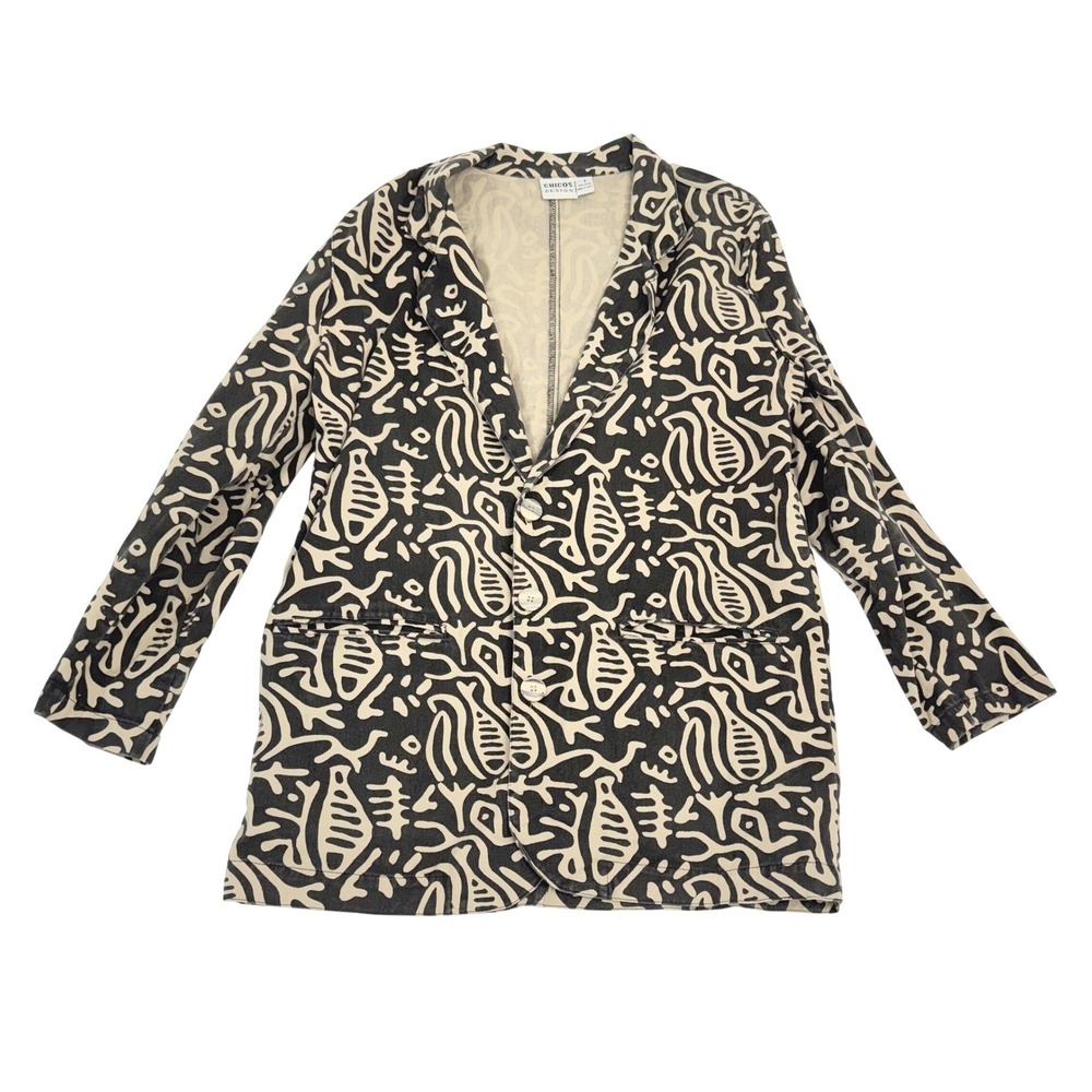 Vintage CHICOS DESIGN Fishbone Black Tan Geometric Blazer Jacket‎ Small